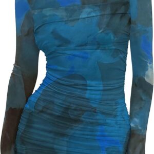 WIHOLL Women’s Mesh Sheer Long Sleeve Ruched Mini Dress Sexy Bodycon Mock Neck Cocktail Party Club Dresses 2025