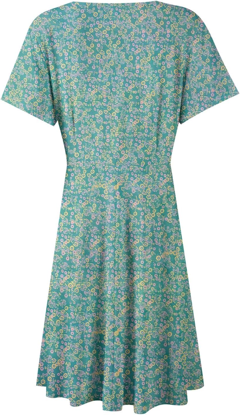 Spring Dress Women Womens' Summer Casual Boho Floral Printed High Waist Minidress Swing Crossover V-Neck Thigh-High Dresses Loose Fit Short Sleeve Dress - Image 3