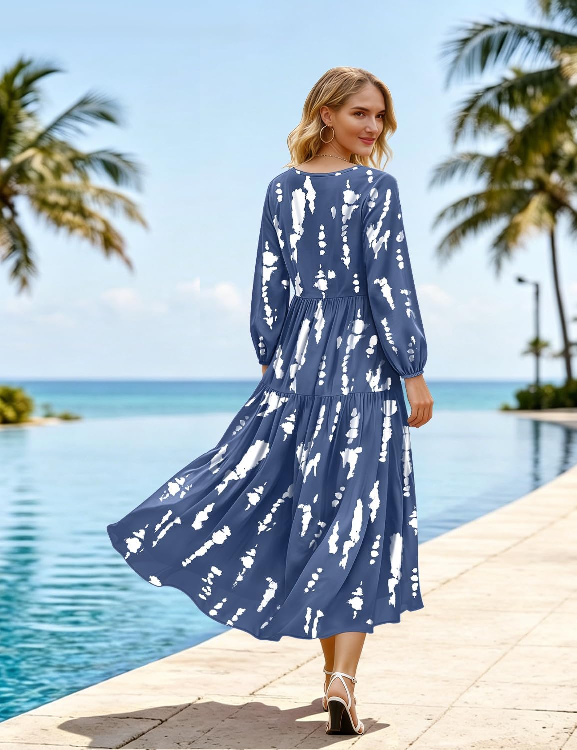 YESNO Women Casual V Neck Long Sleeve Dress with Pockets - Image 4
