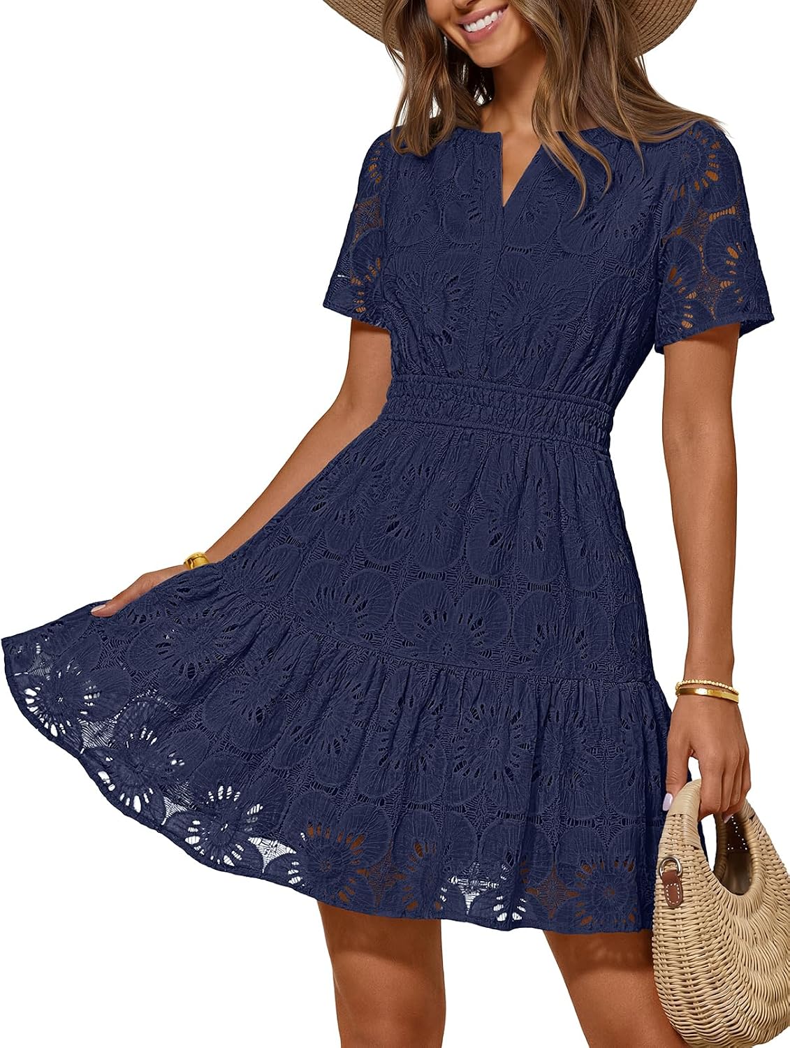 MEROKEETY Women's Summer Lace Boho Mini Dress 2026 Short Sleeve Floral Eyelet A Line Vacation Beach Short Sundress
