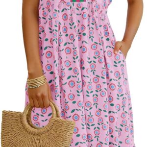 Wenrine Womens Summer Floral Midi Dresses Ruffle Cap Sleeve V Neck Flowy Boho Casual Beach Vacation Sundress