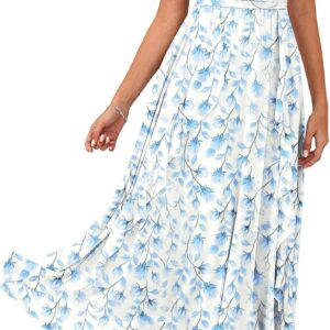 GRACE KARIN Summer Dresses for Women UK, Sleeveless V Neck Floral Wedding Guest Dress, Casual Swing Smocked Ruffle A Line Holiday Maxi Dresses