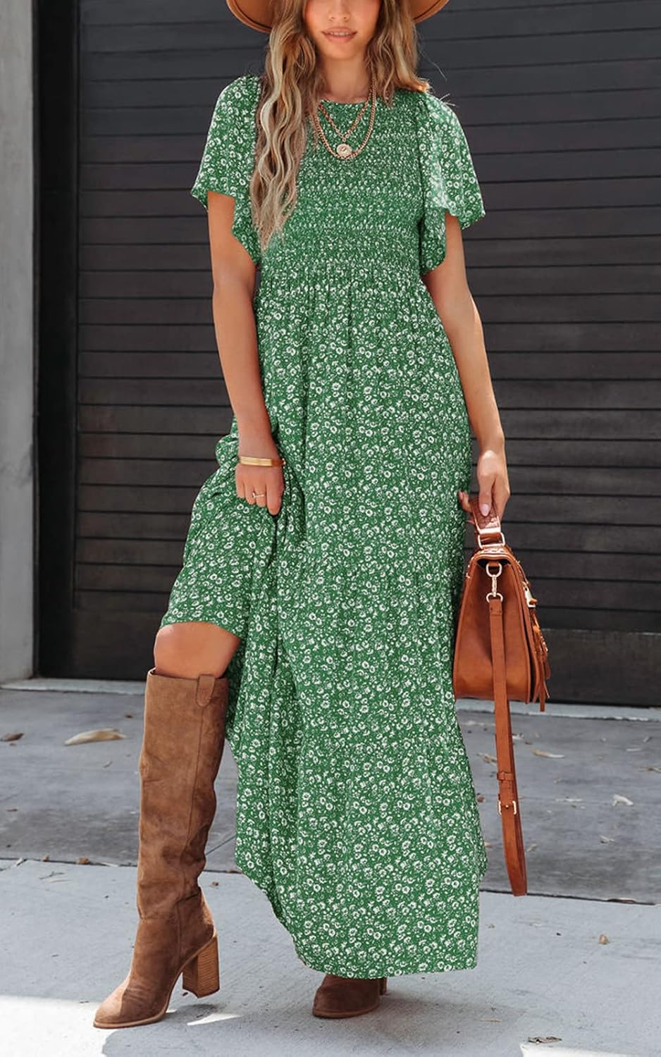 PRETTYGARDEN Women's Smocked Top Summer Dresses for Women 2025 Short Sleeve Floral Maxi Dress for Women Flutter Sleeve Cute Spring Maxi Dress for Women Beach Vacation - Image 2