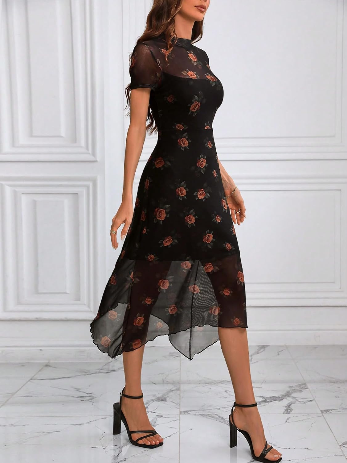GothDark Women's Summer Floral Vintage Mesh Irregular Hem Party Midi Dress - Image 6