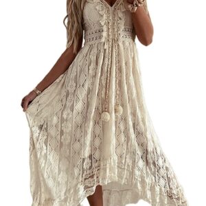 Edhomenn Women Boho Maxi Dress Long Evening Dress Sleeveless Lace Floral Fitted Spaghetti Strap Dress V Neck Party Dress