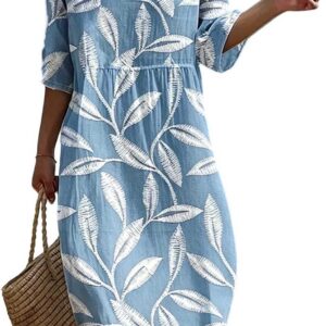 Linen Dresses for Women UK Plus Size Italian Summer Dress 3/4 Sleeve Round Neck Midi Dresses Vintage Floral Print Casual Boho Sundress Loose Fit Beach Swing Long Strand Dress