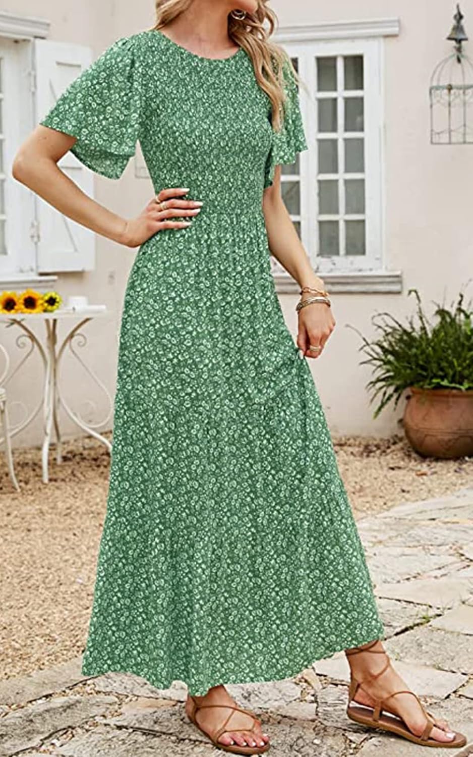 PRETTYGARDEN Women's Smocked Top Summer Dresses for Women 2025 Short Sleeve Floral Maxi Dress for Women Flutter Sleeve Cute Spring Maxi Dress for Women Beach Vacation - Image 8