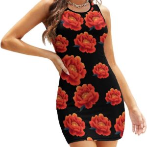 Peony Flower Floral Trendy Bodycon Mini Dress for Women Crewneck Sleeveless Tank Sundress Beach Vacation
