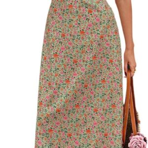 GORGLITTER Women’s Coquette Ditsy Floral Holiday Sundress Tie Front Lace Trim Ruched Bust Flared Flowy Midi Cami Dresses