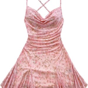 GORGLITTER Women’s Coquette Floral Mesh Cami Mini Dresses Draped Ruched Cross Backless A Line Ruffle Dress for Going Out Party