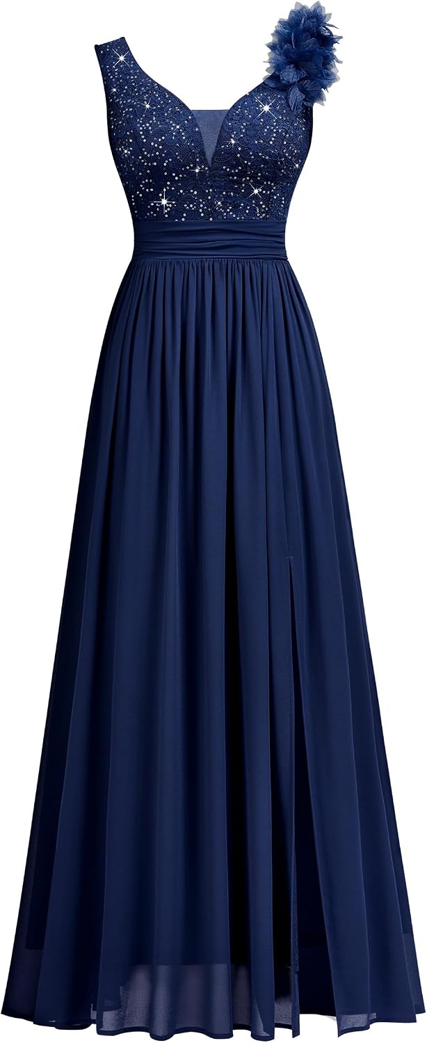 MIUSOL Women's Vintage V-Neck Sleeveless Sequined Lace Split Wedding Formal Evening Maxi Dress - Image 5