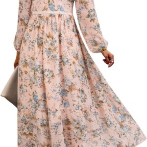 Women’s V Neck Long Sleeve Wrap Maxi Dress A Line Empire Waist Fall Wedding Guest Party Casual Chiffon Dress