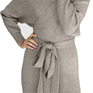 Fashion Women Casual Knitted V Neck Long Sleeve Wrap Sweater Dress with Side Slit Soft Warm Hip Hugging Party Midi for Autumn Winter Long Dresses for Women UK Floral Dress