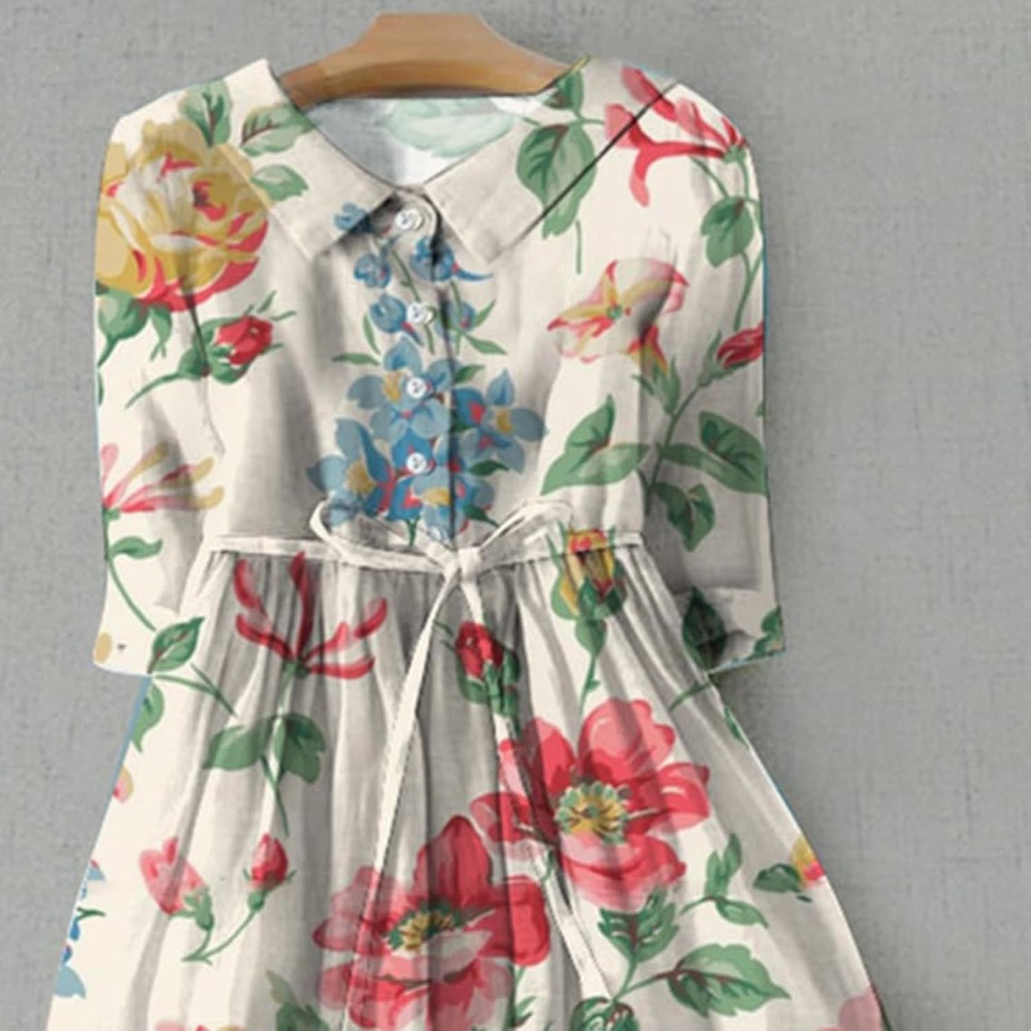 Boho Dresses for Women Button Round Sleeve Short Sleeve Midi Dress Italian Floral Priant Casual Sundress Flowy Elegant Style Dress with Tie Halter Holiday Vacation Wear - Image 3