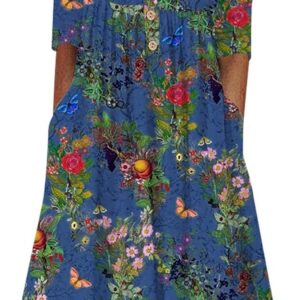 Zeiayuas Women Casual Elegant Dress Sale Summer Boho Midi Dress Vintage Floral Print V-Neck Half Sleeve Button Long Dress with Pocket Bohemian Loose Dress Cocktail Holiday Beach Dress Ladies UK