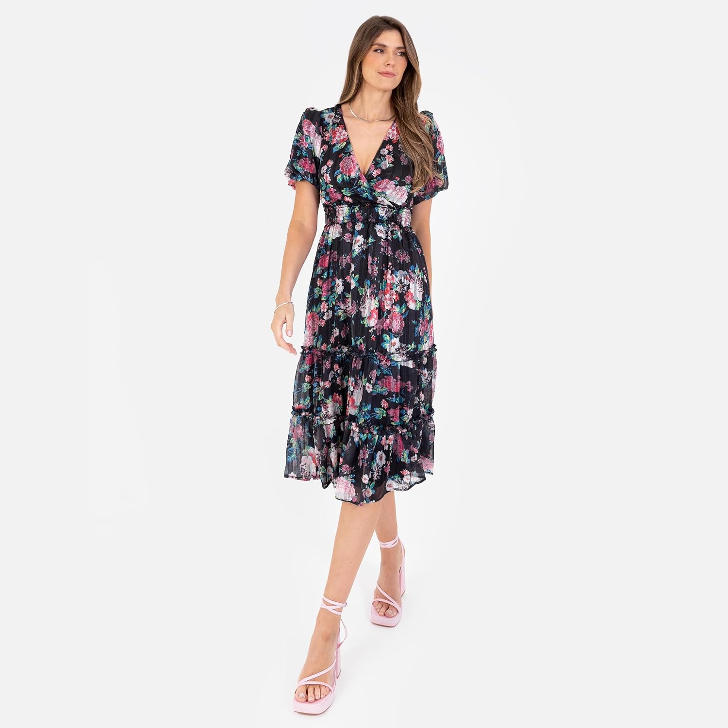 Lovedrobe Women's Women's Ladies Midi Dress V-Neck Short Puff Sleeve Wrap Shirred Waist Floral Print Ruffle Fit and Flare Wedding Guest Dress (Pack of 1) - Image 2