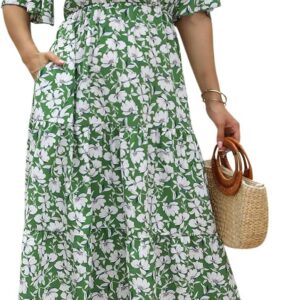 Plus Size Women Summer Casual Boho Floral Tiered Midi Dress with Pocket Short Sleeve V Neck