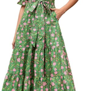 YEXPINE Women’s Floral Printed Stand Ruffle Collar Midi Dress Half Sleeve Button Down Flowy Belted Beach Vacation Dress