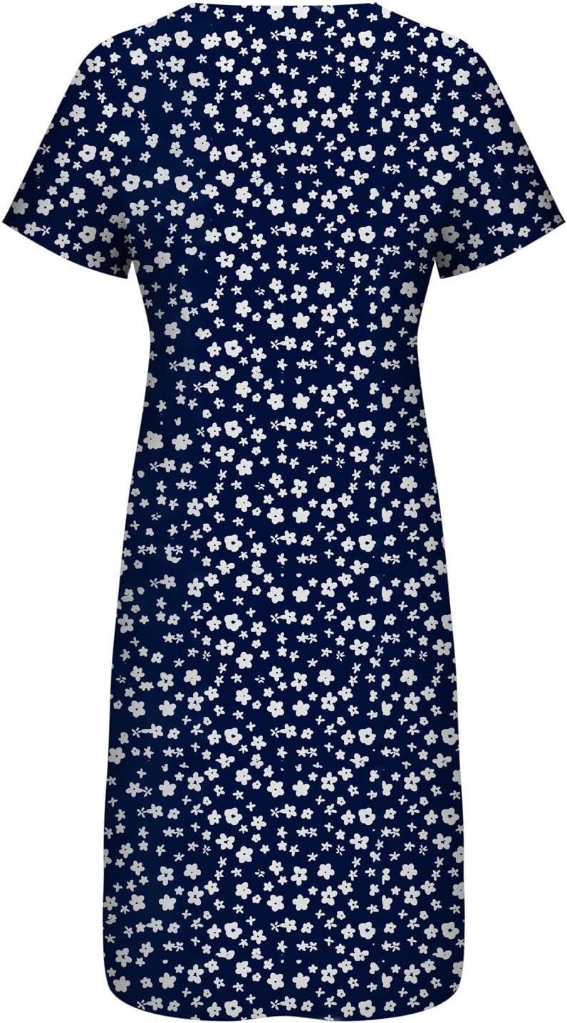 Midi Dresses for Women UK Short Sleeve V Neck Button Floral Dress Summer Casual Loose Fit Long Dresses with Pockets Comfy Lounge T Shirts Dress Beach Holiday Plus Size Elegant Sundress Sale - Image 3