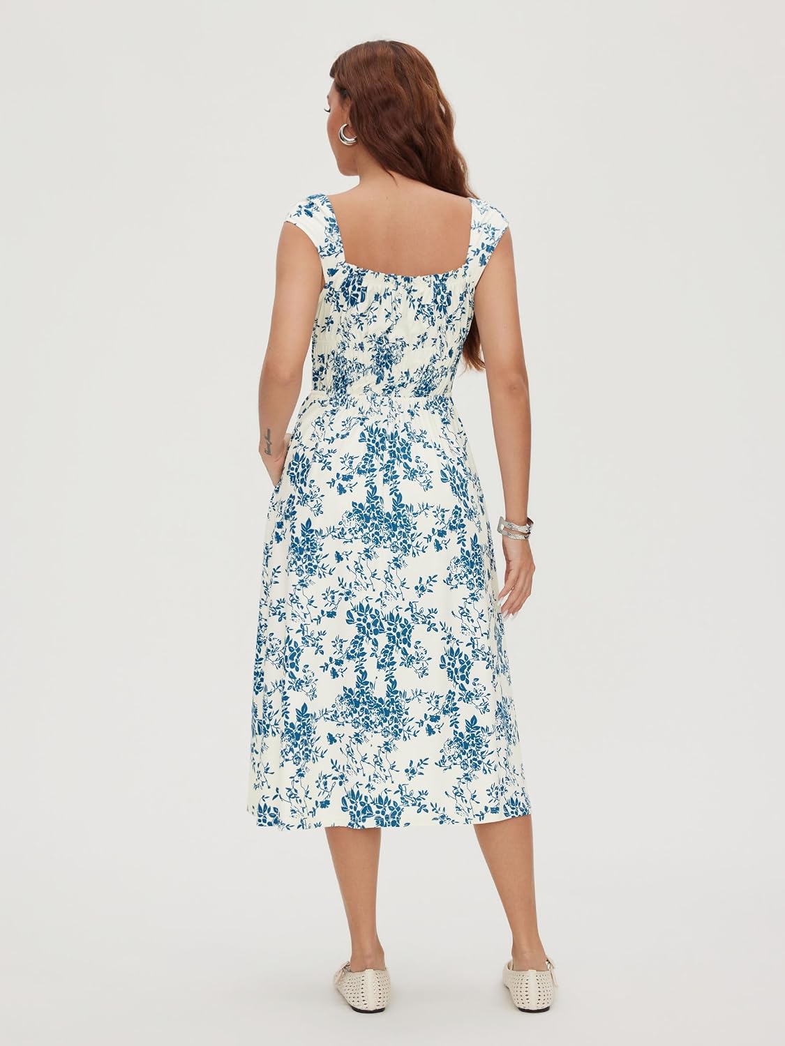 CIDER Women Summer Maxi Dress Floral Square Neck Short Sleeve Casual Midi Dress with Pockets - Image 4