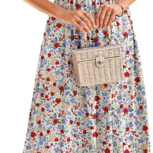 YATHON Women’s Floral Midi Dress Casual Sleeveless Square Neck Tank Flowy Summer Beach Vacation Sun Dresses with Pockets