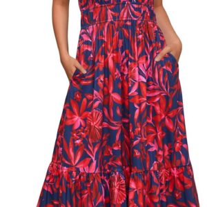 Newshows Women’s Summer Dress V Neck Sleeveless Flowy Tiered Casual Beach Midi Sundress with Pockets