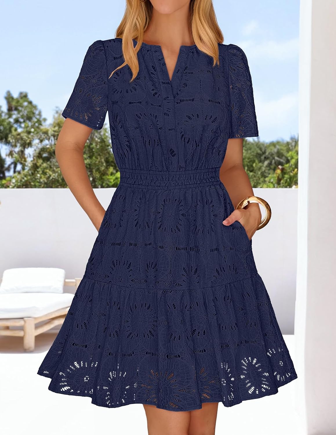 MEROKEETY Women's Summer Lace Boho Mini Dress 2026 Short Sleeve Floral Eyelet A Line Vacation Beach Short Sundress - Image 2