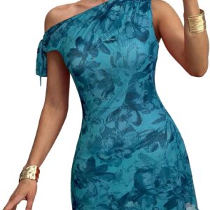 Narecte Women’s One Shoulder Floral Mini Dress Self Tie Summer Dress