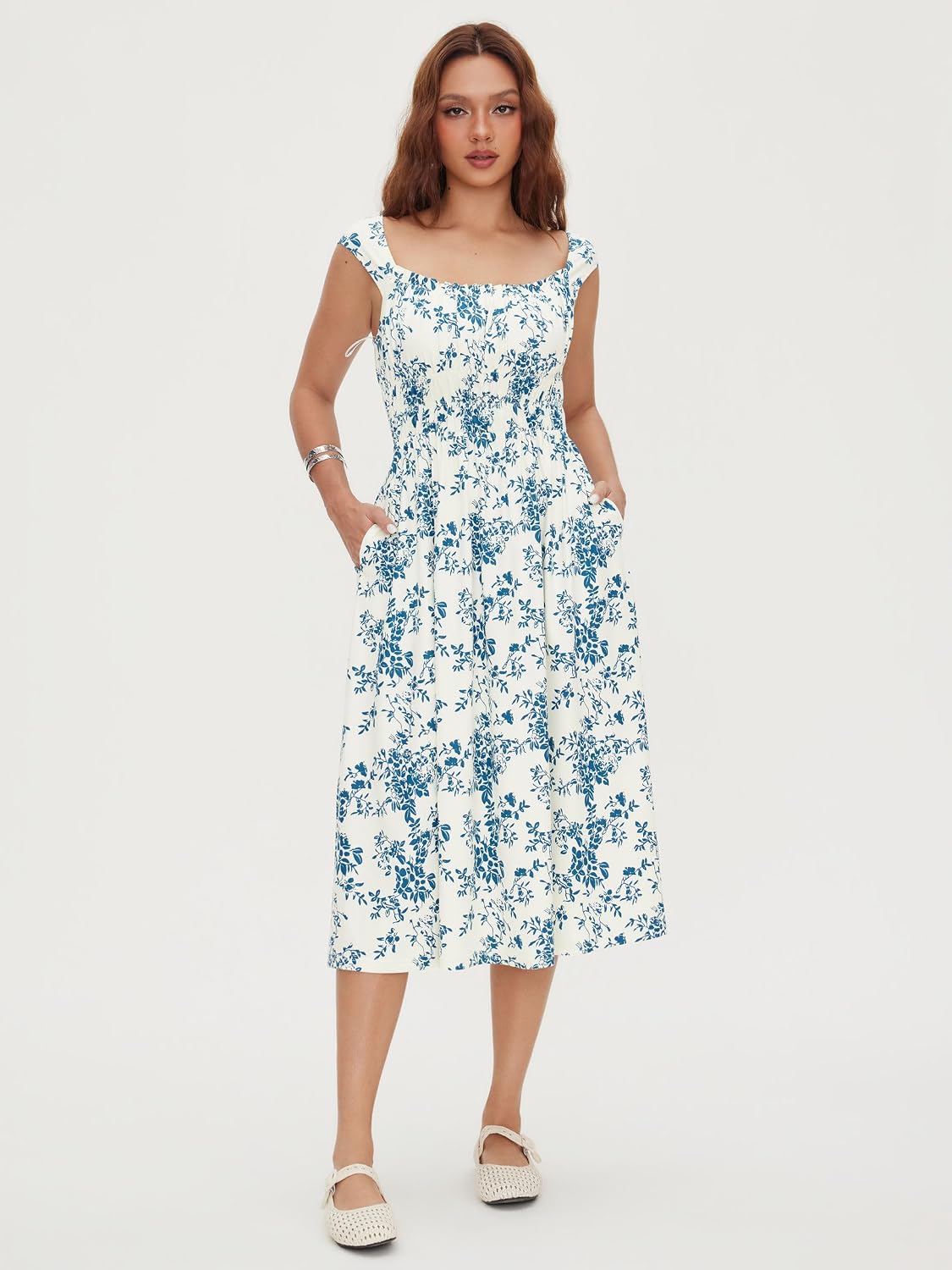 CIDER Women Summer Maxi Dress Floral Square Neck Short Sleeve Casual Midi Dress with Pockets - Image 3