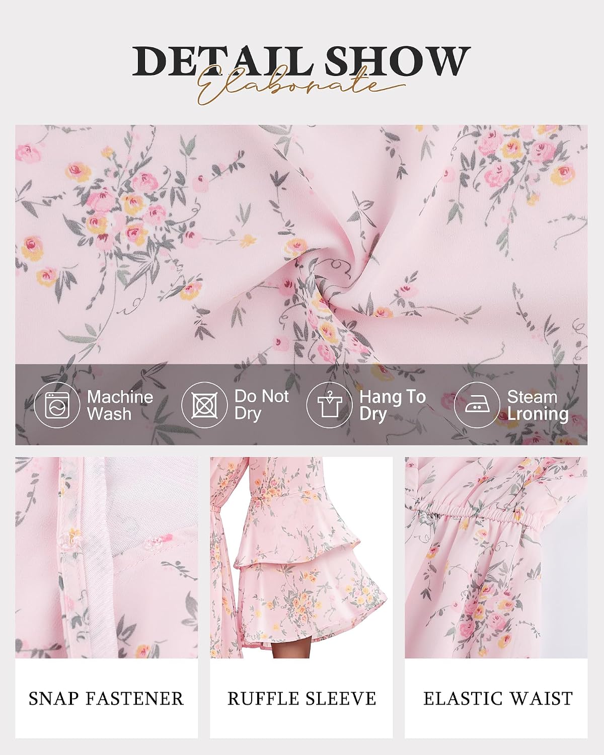 Bebonnie Womens 3/4 Ruffle Sleeve Spring Summer Casual V Neck Flowy Chiffon Layers Dresses - Image 6