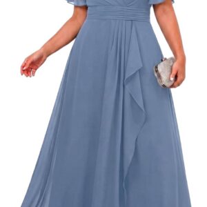 Talisea Plus Size Formal Dresses – Wedding Guest Bridesmaid Evening Prom Chiffon V Neck Ruffle Short Sleeves Long Dress Women