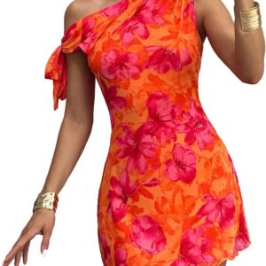 Narecte Women’s One Shoulder Floral Mini Dress Self Tie Summer Dress