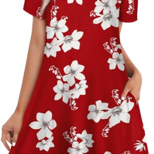 WIHOLL Summer Dresses for Women UK Short Sleeve Beach Dresses V Neck T Shirts Dress with Pockest Elegant Casual Floral,S-XXL