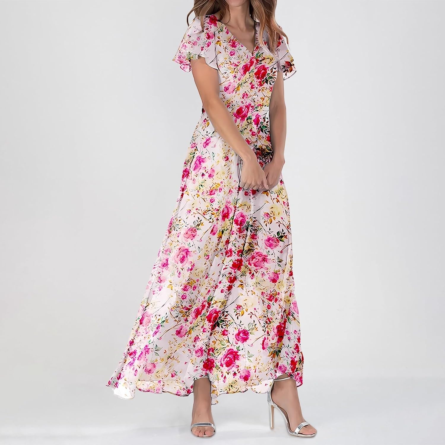 Women Dresses Long Dress Chiffon Floral Short Sleeve Ruffle V Neck Fashion Waist Flowy Plus Size for Curvy Occasion UK Maxi Summer - Image 2