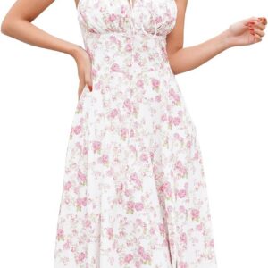 ABEHIK Women Elegant Floral Dress for Holiday Spaghetti Strap Wedding Guest Dresses for Lady Casual Spring Summer Beach Sun Dress