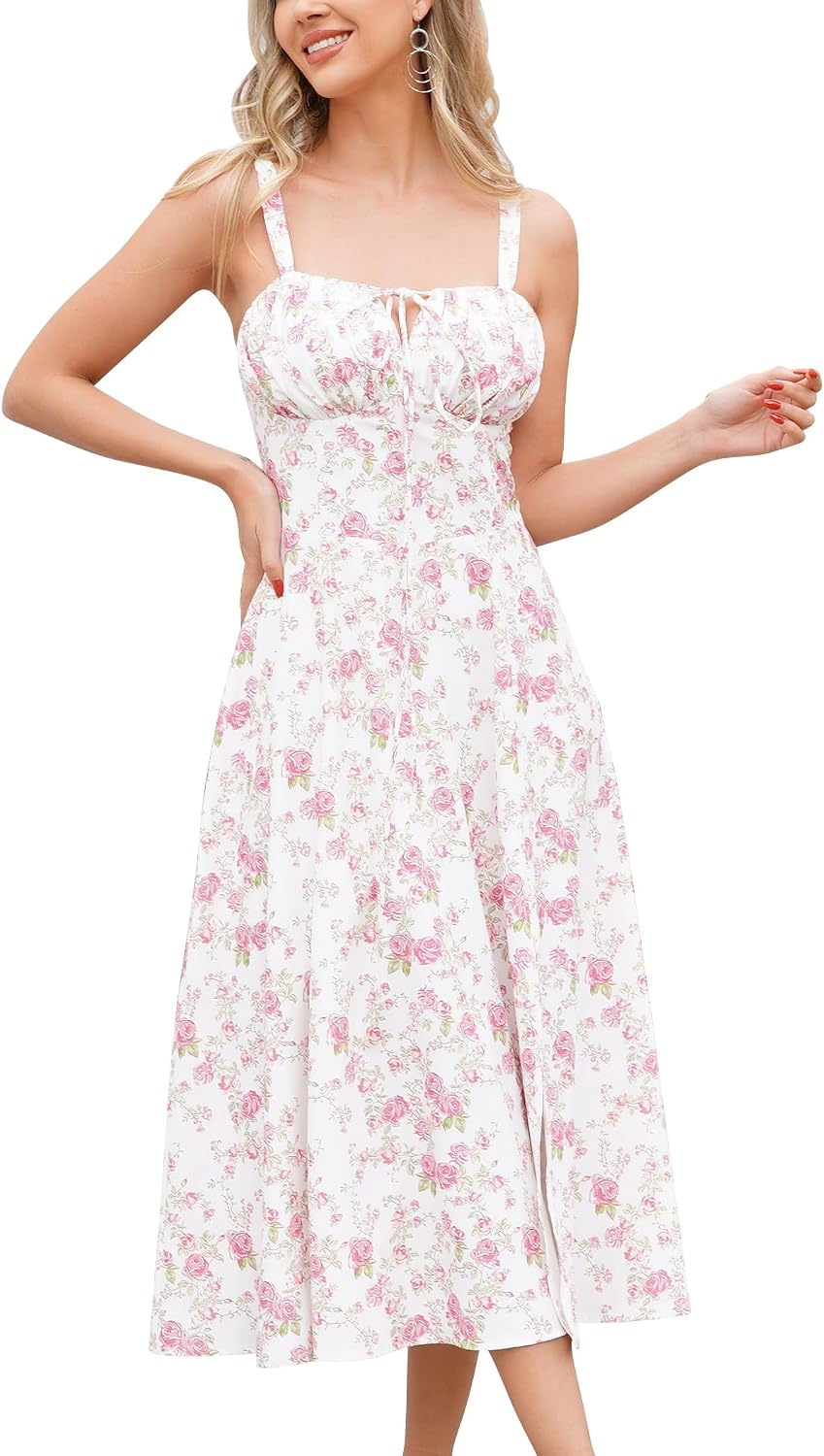 ABEHIK Women Elegant Floral Dress for Holiday Spaghetti Strap Wedding Guest Dresses for Lady Casual Spring Summer Beach Sun Dress