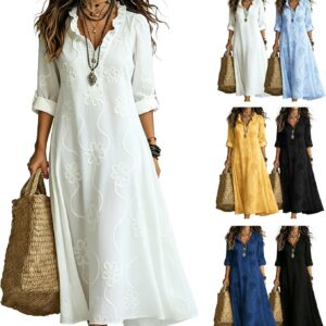Women’s Bohemian Style Floral Maxi Dress Ruffle Trim V Neck Long Sleeve Dress Casual Loose Dresses for Beach Vacation