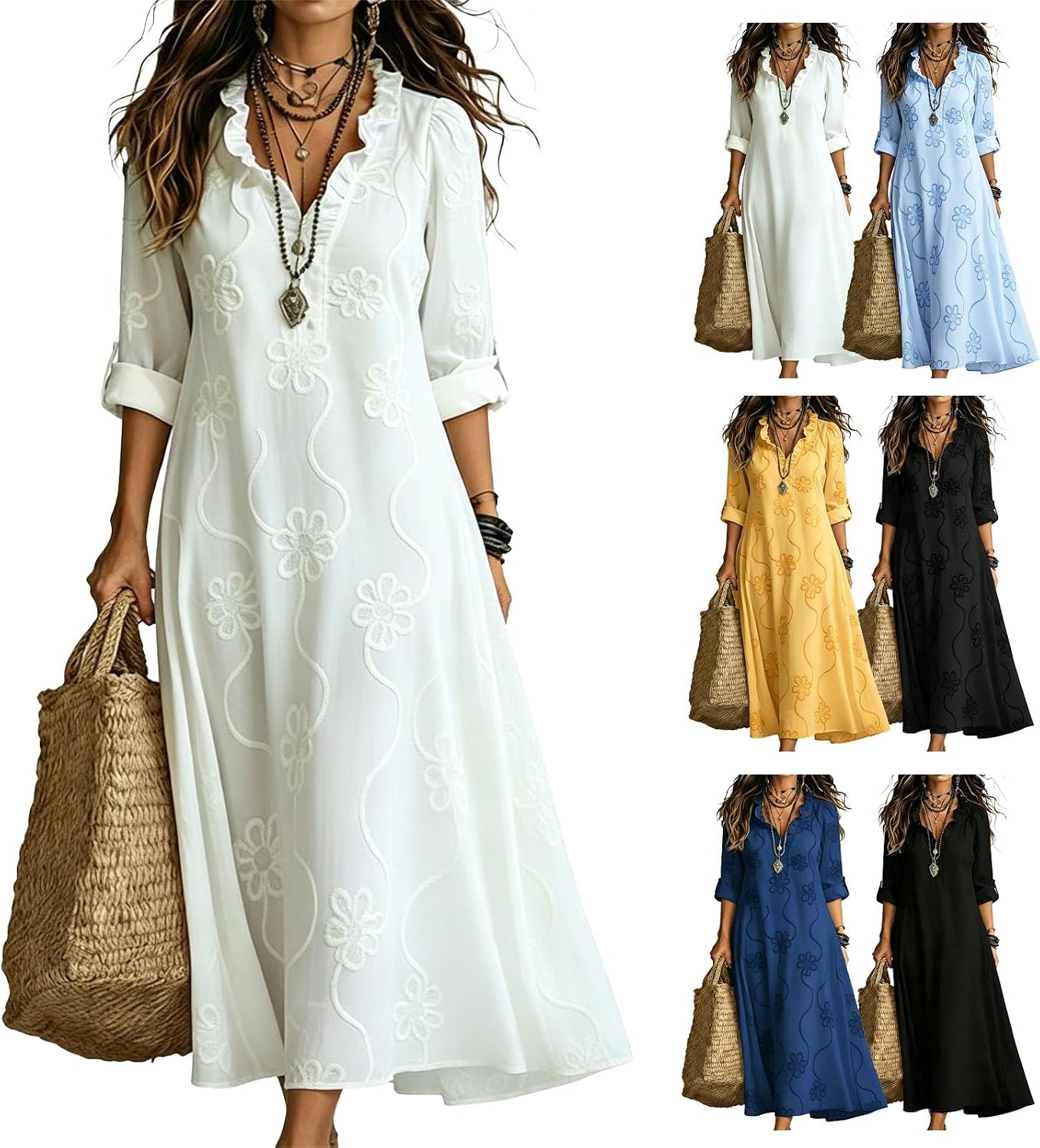 Women's Bohemian Style Floral Maxi Dress Ruffle Trim V Neck Long Sleeve Dress Casual Loose Dresses for Beach Vacation