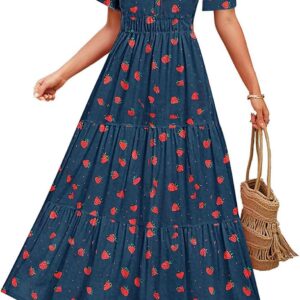 Summer Dresses for Women UK Boho Floral Print V-Neck Maxi Dress Loose Comfort Short Sleeve A-Line Flowy Sundress Elegant Vintage Bohemian Long Dress Daily Vacation Wedding