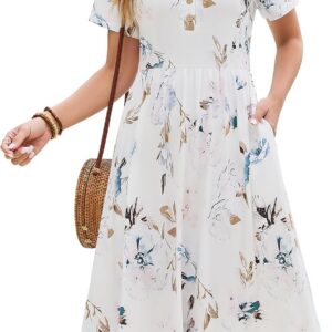 HEEKPEK Summer Dresses for Women Midi Elegant Dress Causal V Neck Short Sleeve Ladies Boho Sundress with Pockets for Beach Holiday Party