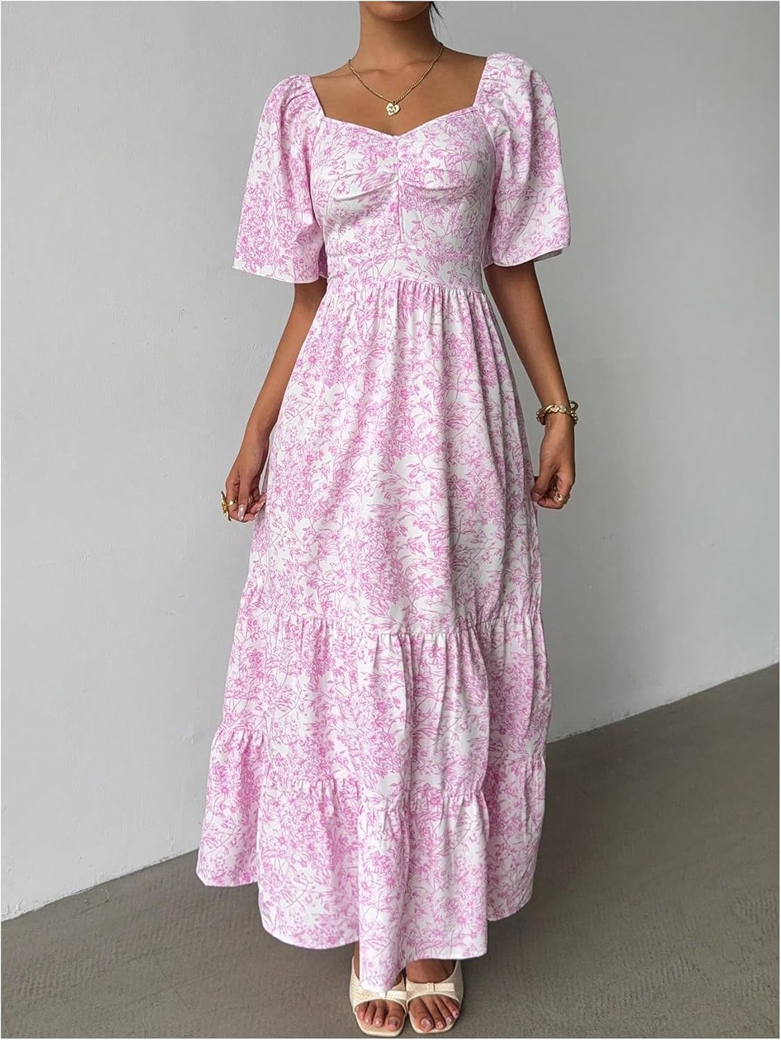GORGLITTER Boho Floral Dresses for Women UK 2026 Sweetheart Neck Short Sleeve Smocked Flared Flowy Beach Holiday Maxi Dress - Image 2