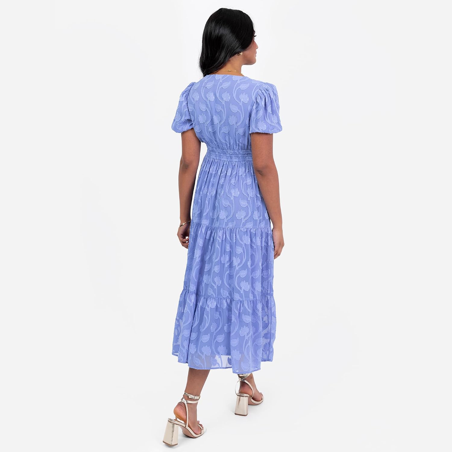 Lovedrobe Women's Midi Dress Ladies V-Neck Short Puffed Sleeves Floral Burnout A-line Tiered Skirt Elasticated Waist - Image 4