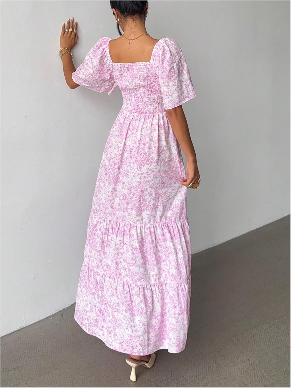 GORGLITTER Boho Floral Dresses for Women UK 2026 Sweetheart Neck Short Sleeve Smocked Flared Flowy Beach Holiday Maxi Dress - Image 3