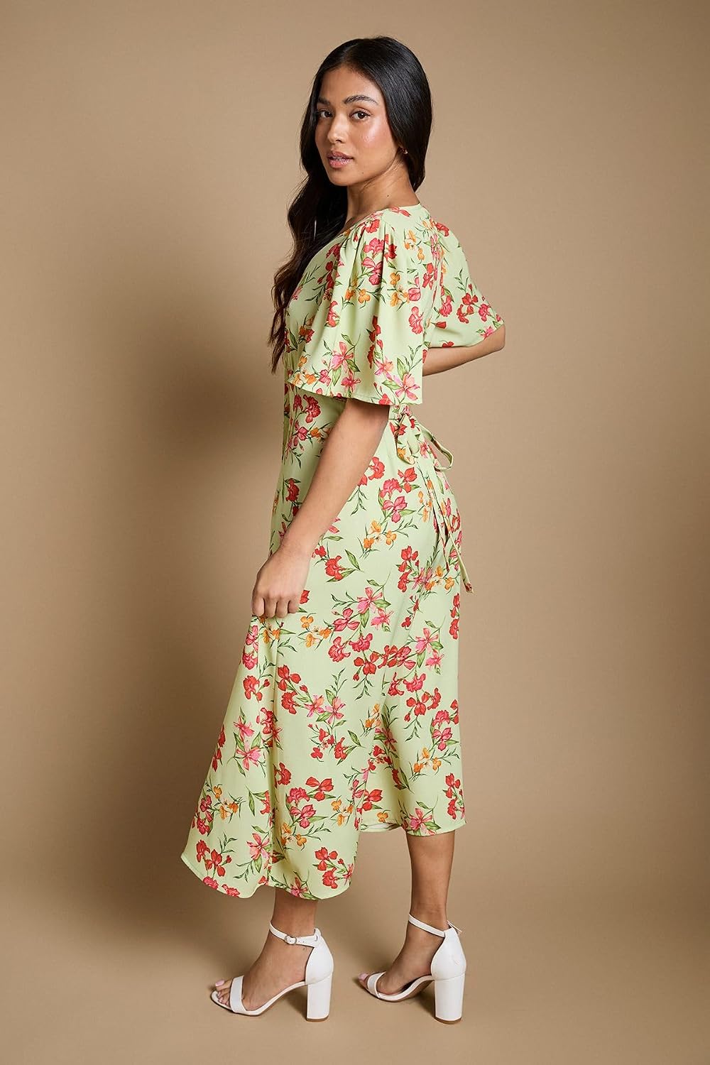 Dorothy Perkins Petite Green Floral Button Front Angel Sleeve Tie Back Midi Dress - Image 3