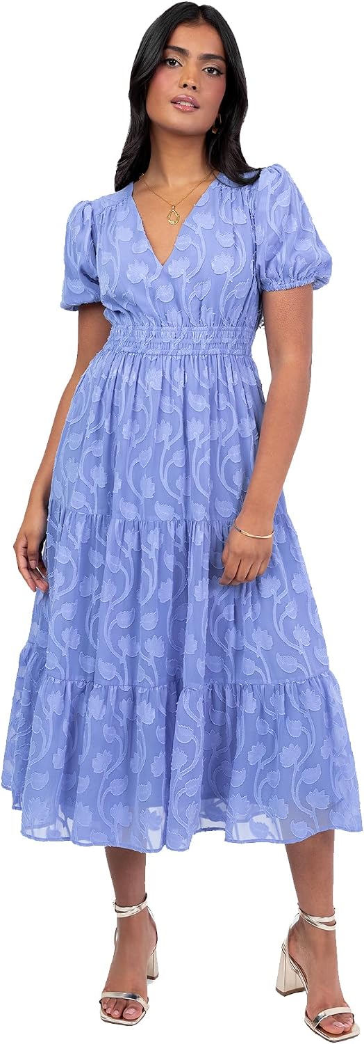 Lovedrobe Women's Midi Dress Ladies V-Neck Short Puffed Sleeves Floral Burnout A-line Tiered Skirt Elasticated Waist