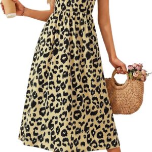 Summer Dresses for Women Crew Neck Ruffled Sleeves Maxi Dresses Casual Ladies High Waist A Line Elegant Floral Flowy Dresses Boho Beach Holiday Sundress with Pockets