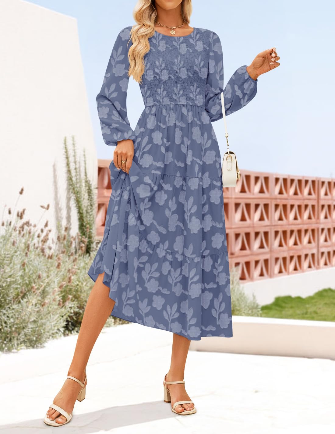 ZESICA Women's Fall Boho Floral Midi Dress 2025 Casual Long Sleeve Crewneck Flowy Wedding Guest Long Dresses - Image 3