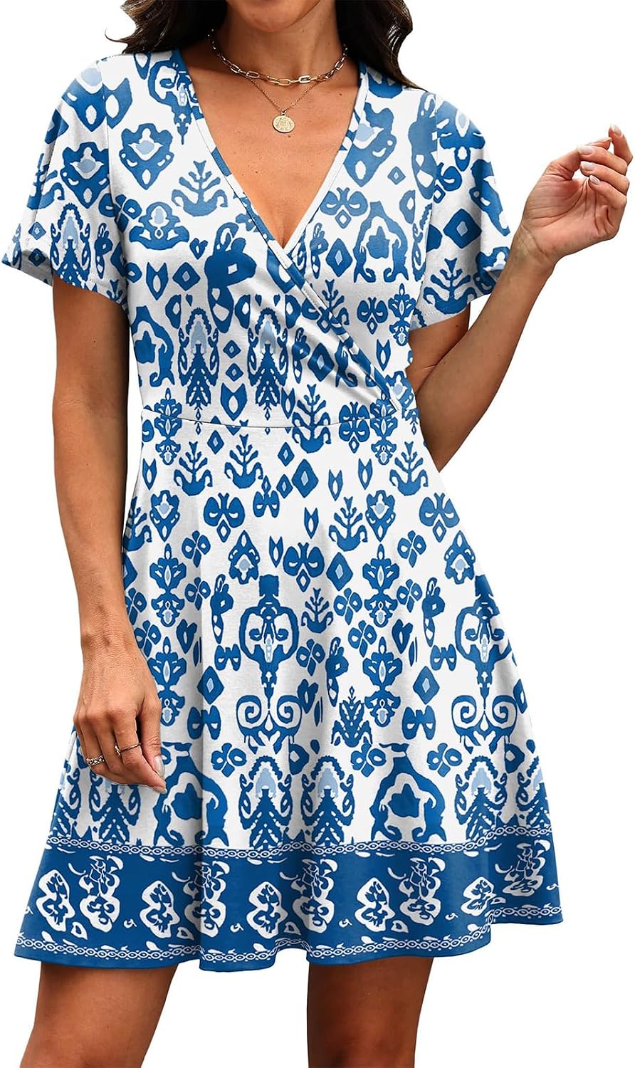 Dresses for Women UK Summer Casual Floral Printed V Neck Mini Dress Fashion Short Sleeve Short Dresses Leisure Trendy Sundress Comfy Loose Fit Holiday Beach Outfits - Image 3