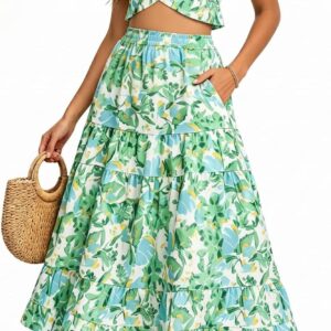 DRESSTELLS Women’s Boho Floral Two Piece Outfit Summer Holiday Beach Vacation Ruffle Maxi Dress with Pockets
