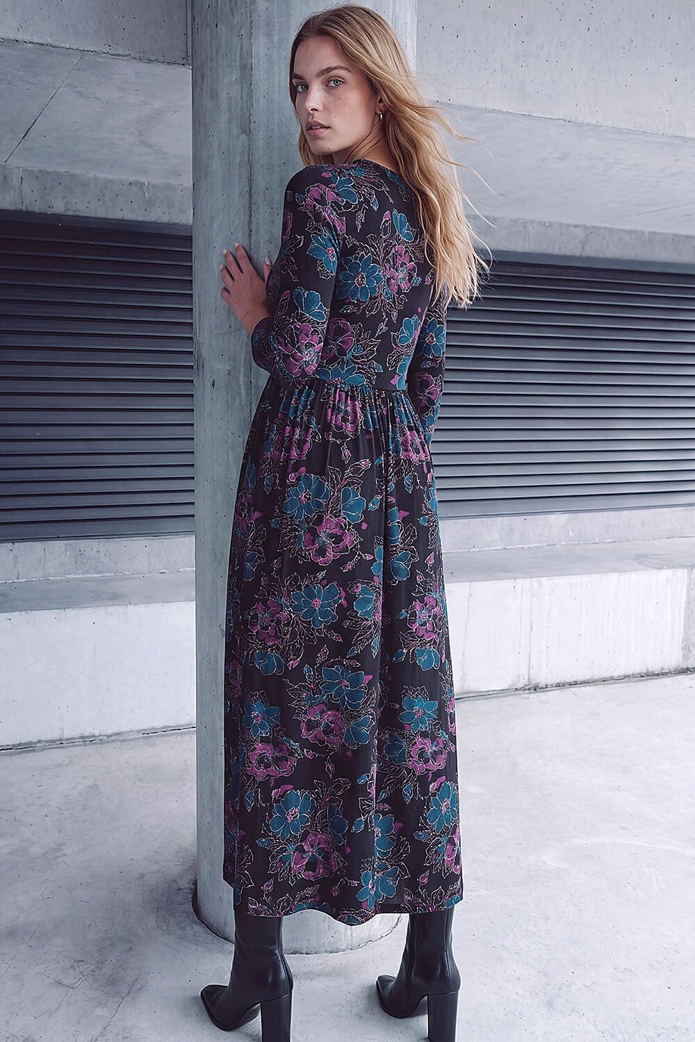 Roman Originals Midi Dress with Pockets for Women UK Ladies Stretchy Jersey Maxi Long 3/4 Length Sleeve Gathered High Waist Boho Flattering Skater Swing Fit Flare - Image 3